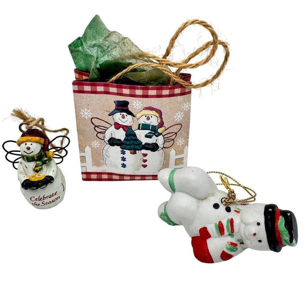 Set Of 3 Christmas SnowmanThemed Ornaments Resin Ceramic Paper Vintage